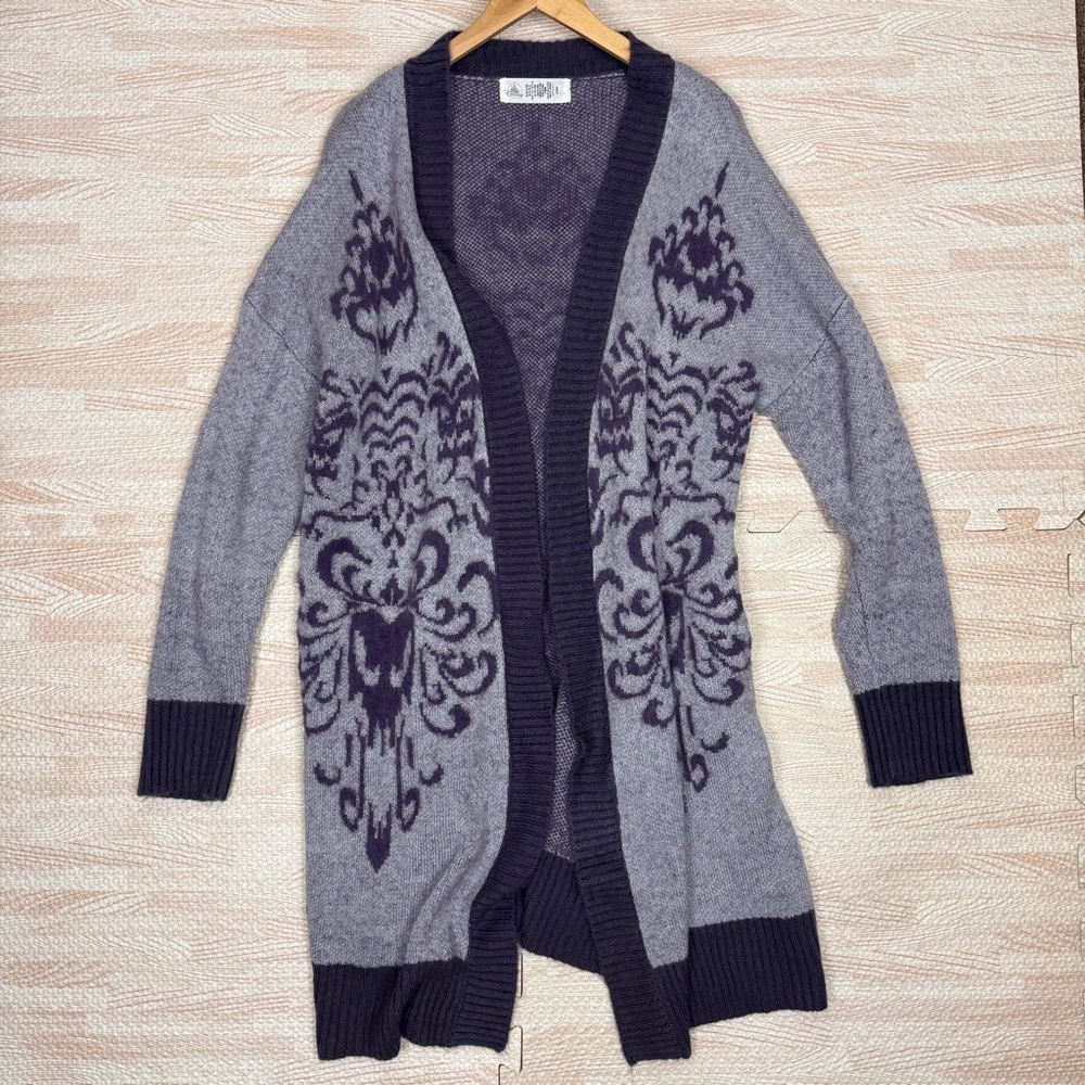 Disney Haunted Mansion Gray Purple Wallpaper Open Front Cardigan Sweater Size XL